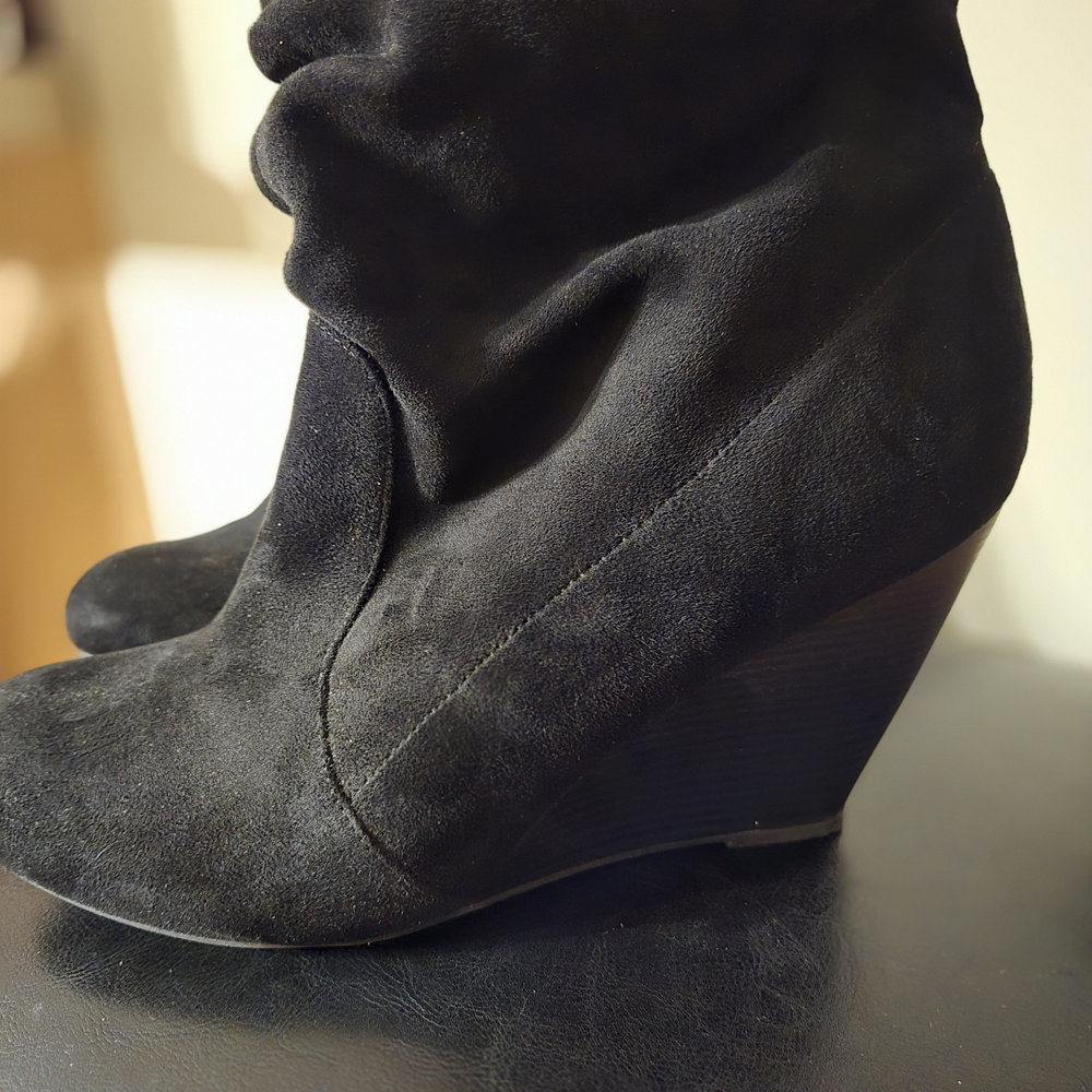 Black Suede Wedge Boots Women Size 13